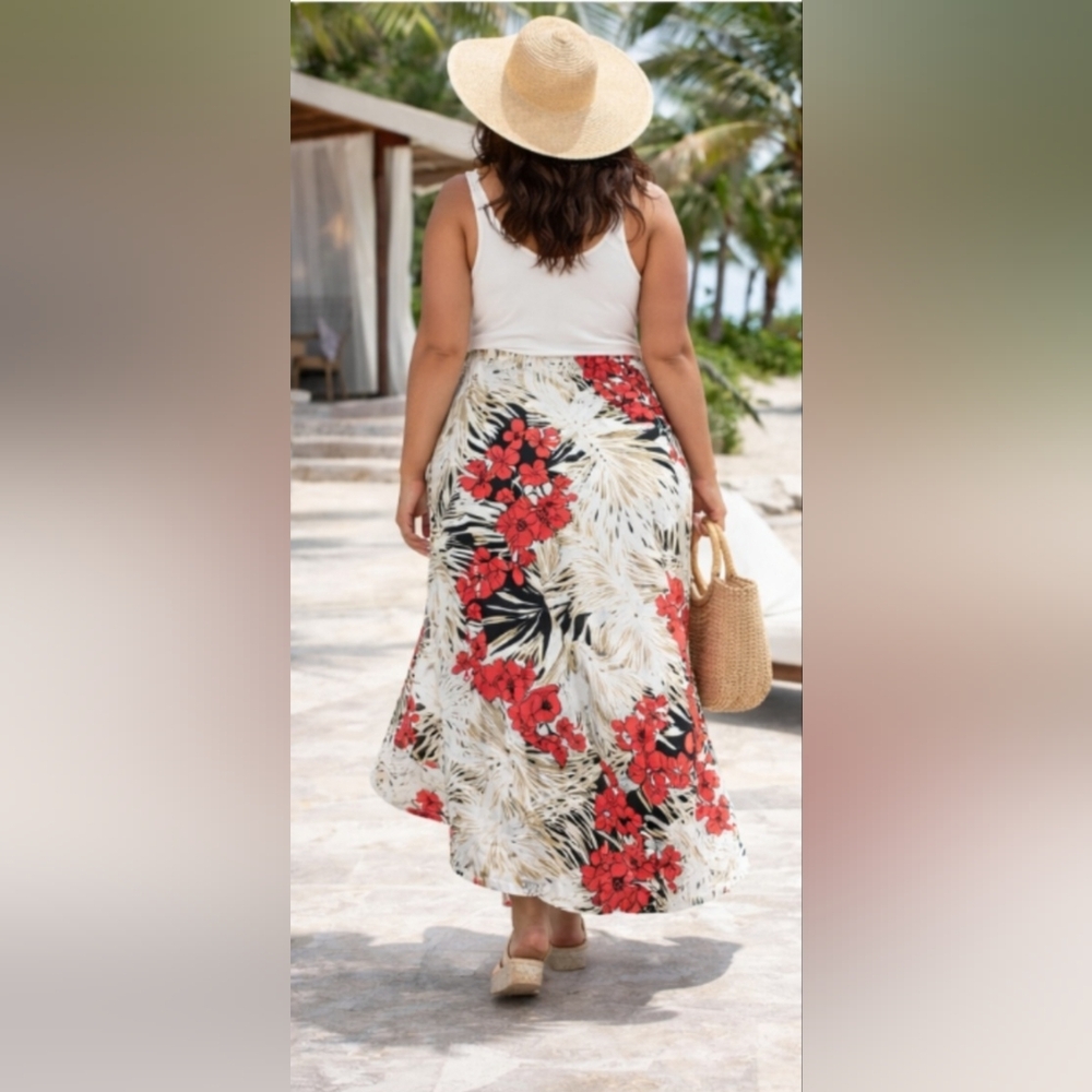 Chico's Tropical Palm Floral Maxi Skirt Red White Asymmetrical High Low Size 3 X - Picture 2 of 6